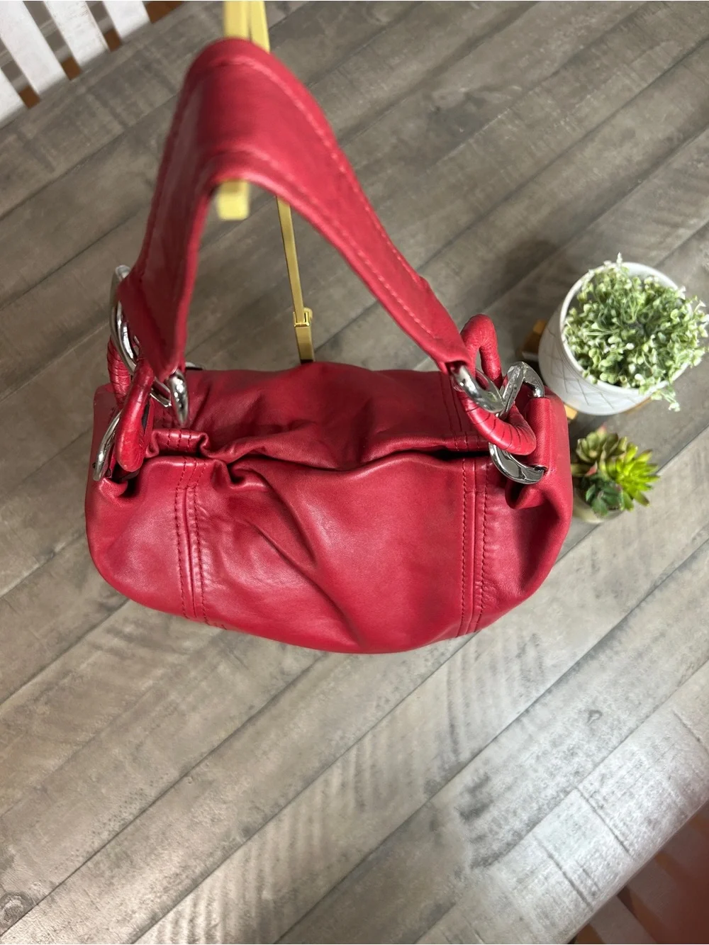 Michael Kors Red Leather Slouchy Hobo Shoulder Bag Silver Chain Accent